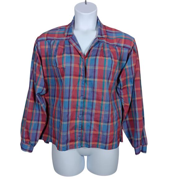 VTG Mister Remo Plaid Button Down Blouse Size 16 Red & Blue Collared Long Sleeve - Picture 2 of 12